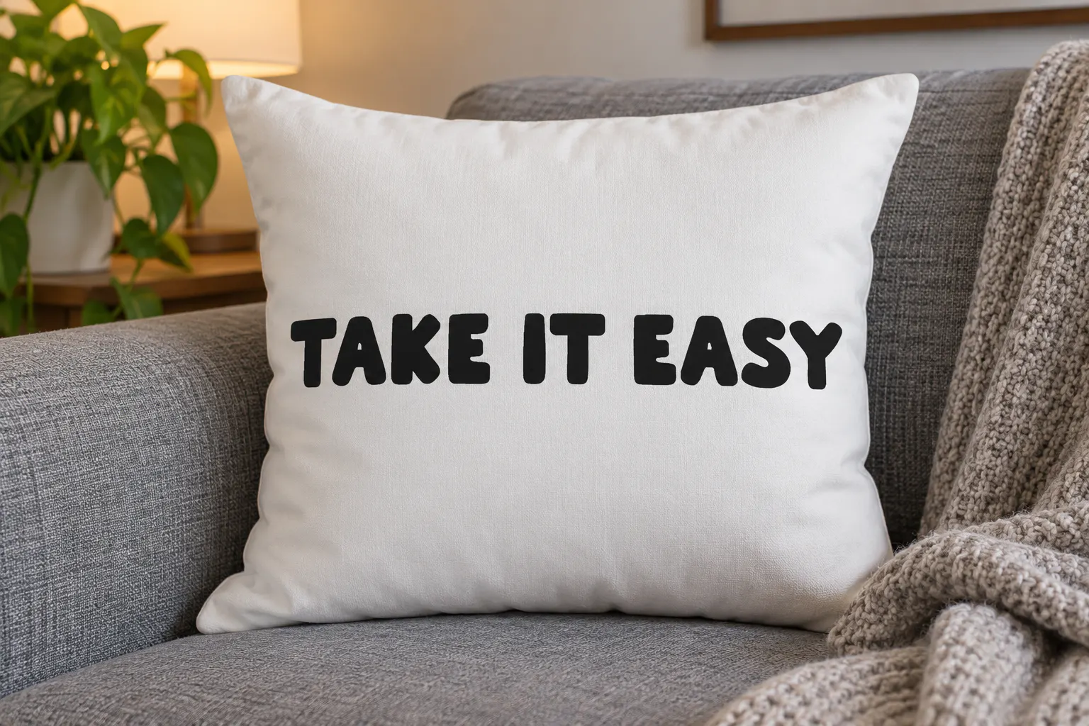Slowly Move font on a throw pillow reading TAKE IT EASY