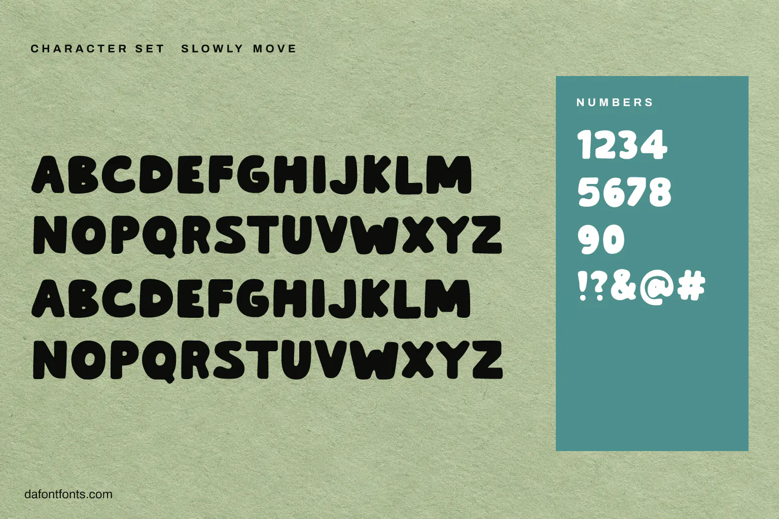 Slowly Move character set: alphabet, numbers and symbols