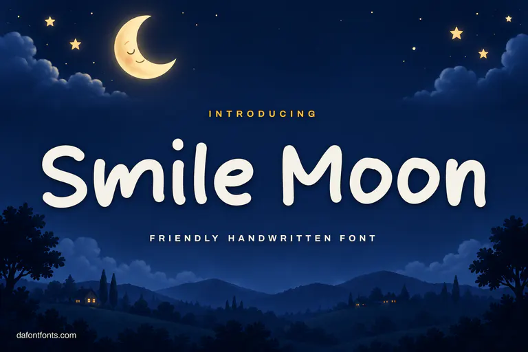 Smile Moon font poster: black handwriting on a soft night-blue background with a crescent moon