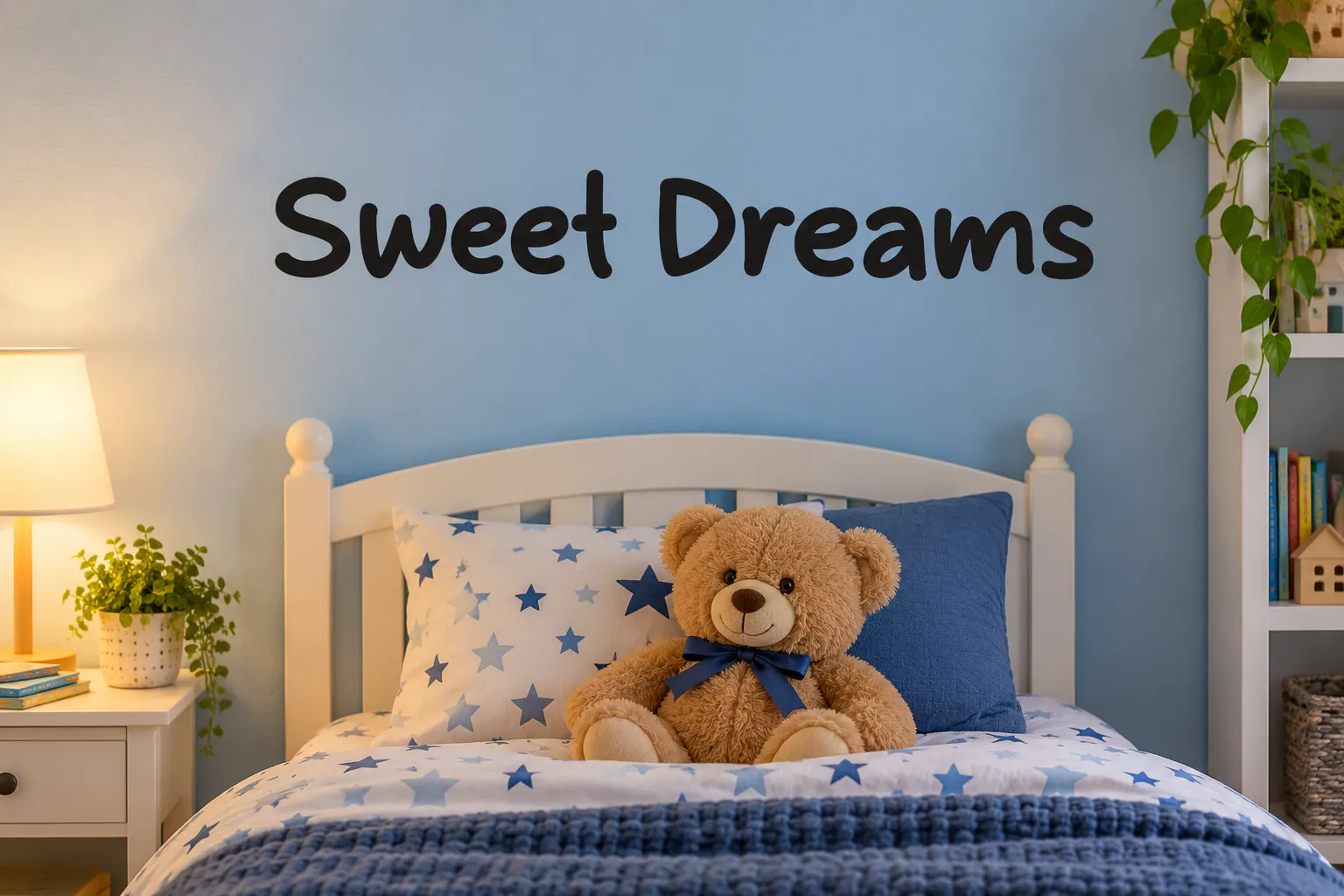 Smile Moon font on a kids bedroom wall decal reading Sweet Dreams