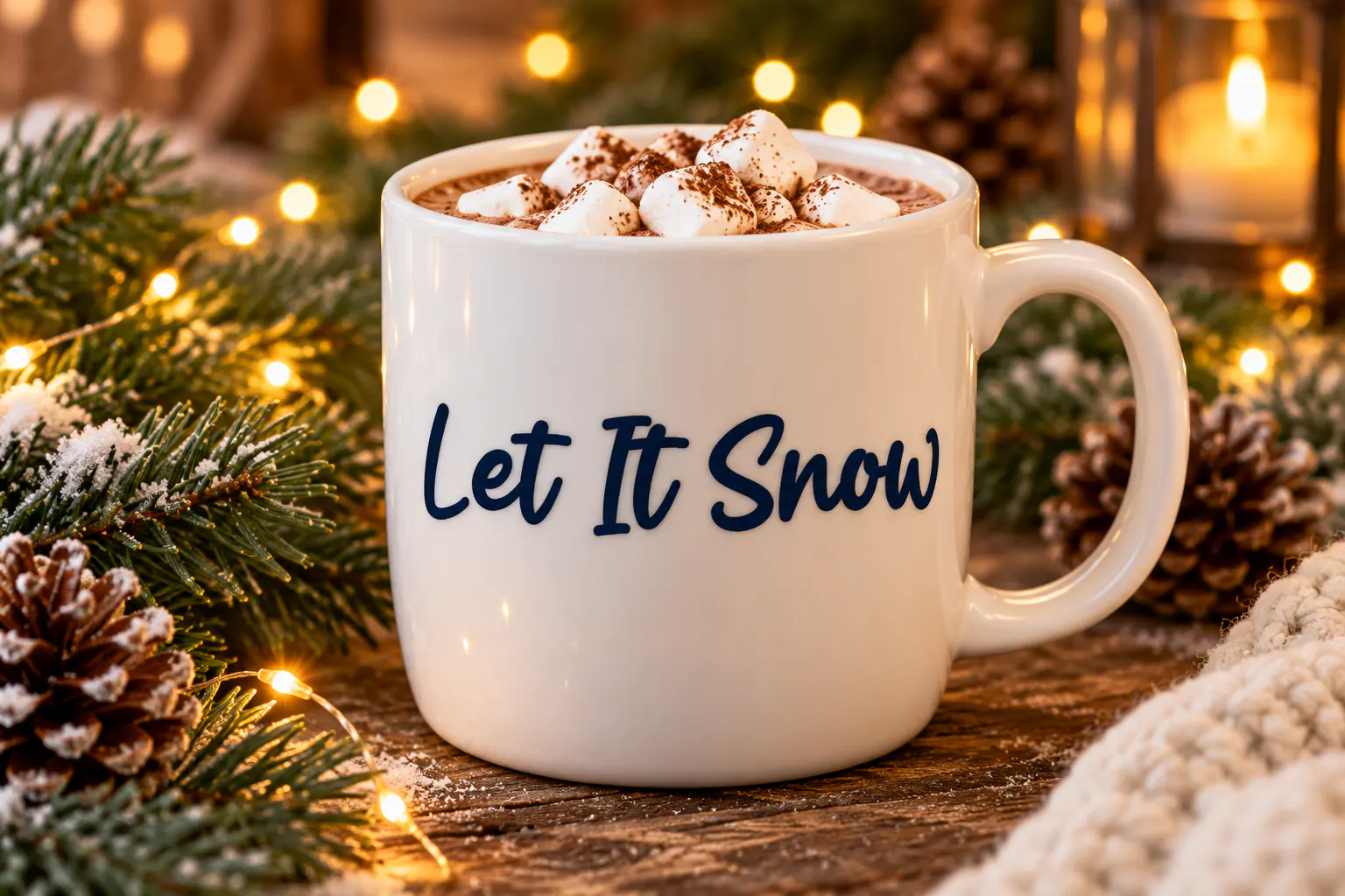 Snowball font on a winter mug reading Let It Snow