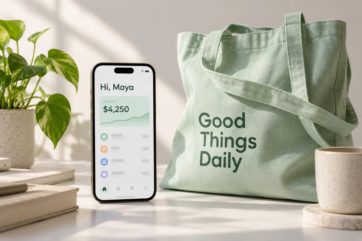 Sofia Pro style type on a fintech app screen and a branded tote bag