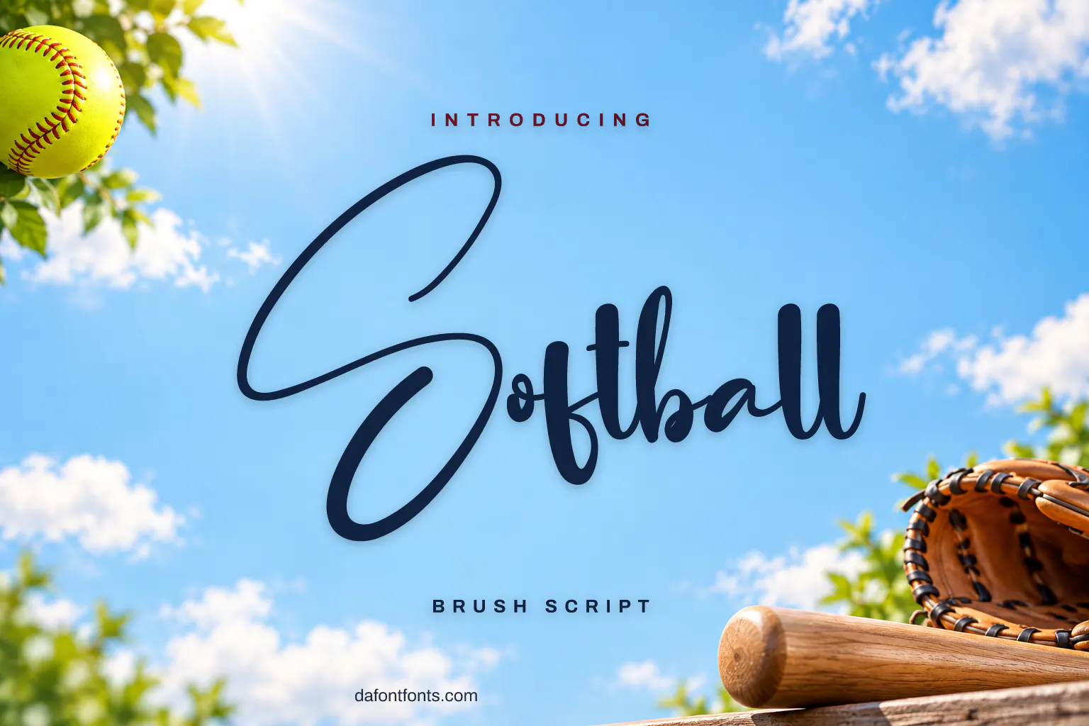 Softball font poster: black brush script on a light blue background with a softball and glove