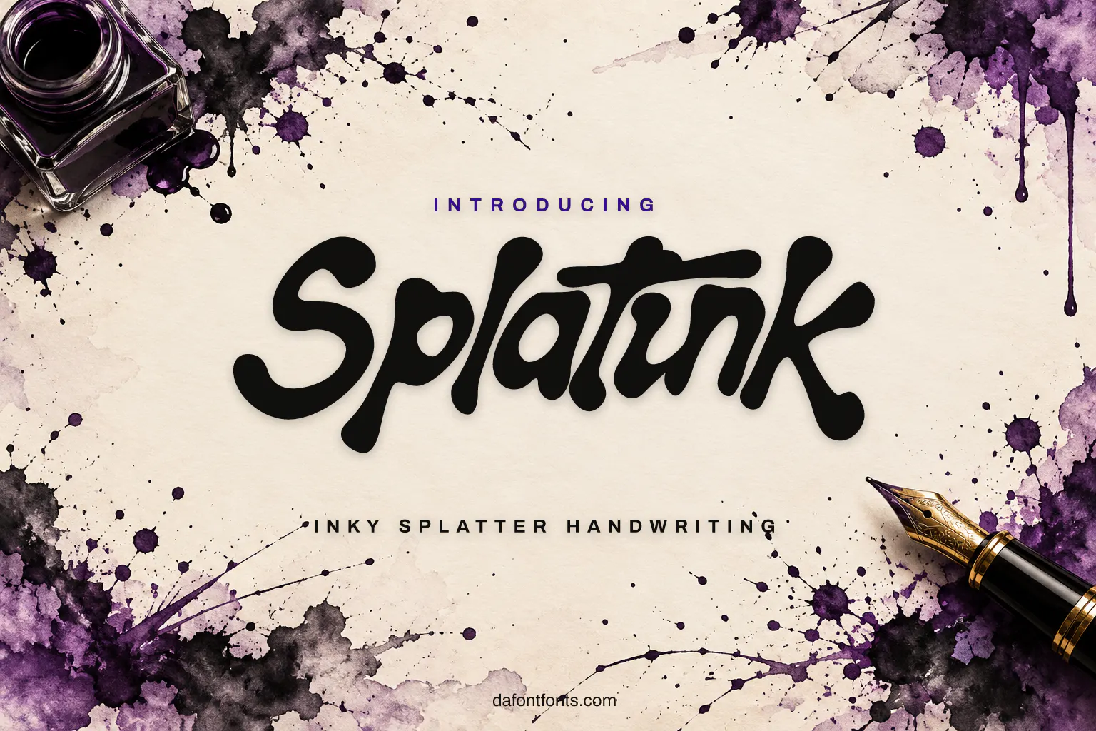 Splatink font poster: black inky letters on a cream background with ink splatters