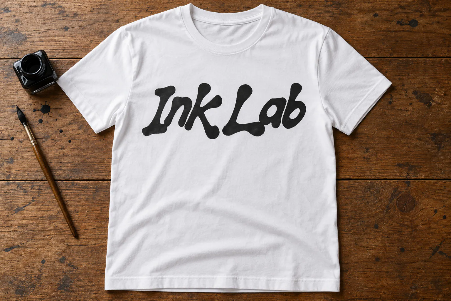 Splatink font on a white t-shirt reading Ink Lab