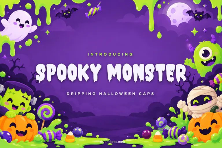 Spooky Monster font poster: black dripping caps on a purple and green Halloween background with cartoon monsters