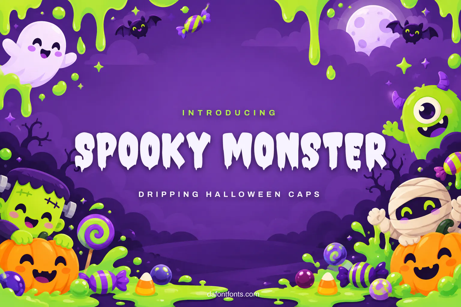 Spooky Monster font poster: black dripping caps on a purple and green Halloween background with cartoon monsters