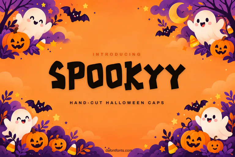 Spookyy font poster: black hand-cut caps on an orange and purple Halloween background with ghosts