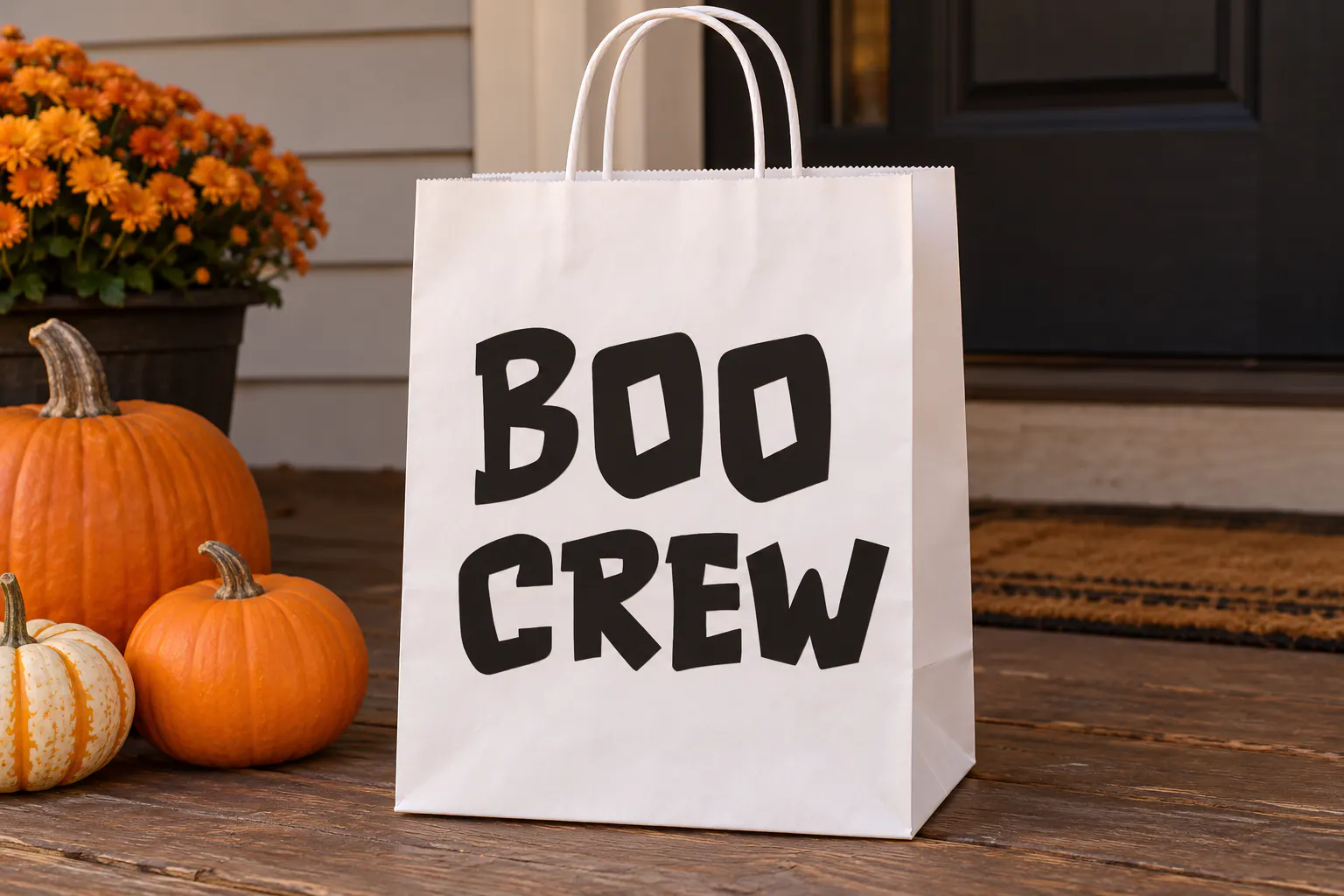 Spookyy font on a trick-or-treat bag reading BOO CREW