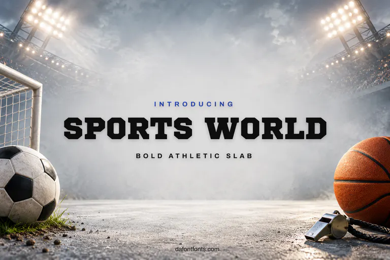 Sports World font poster: athletic slab caps with a football, basketball and stadium lights