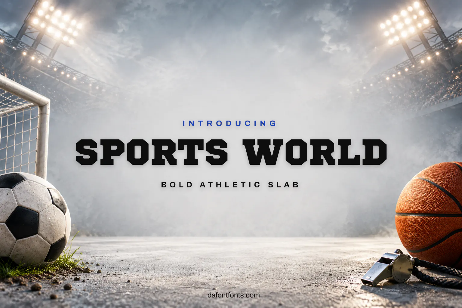 Sports World font poster: athletic slab caps with a football, basketball and stadium lights