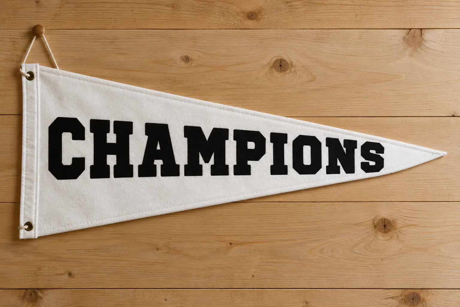 Sports World font on a felt pennant reading CHAMPIONS