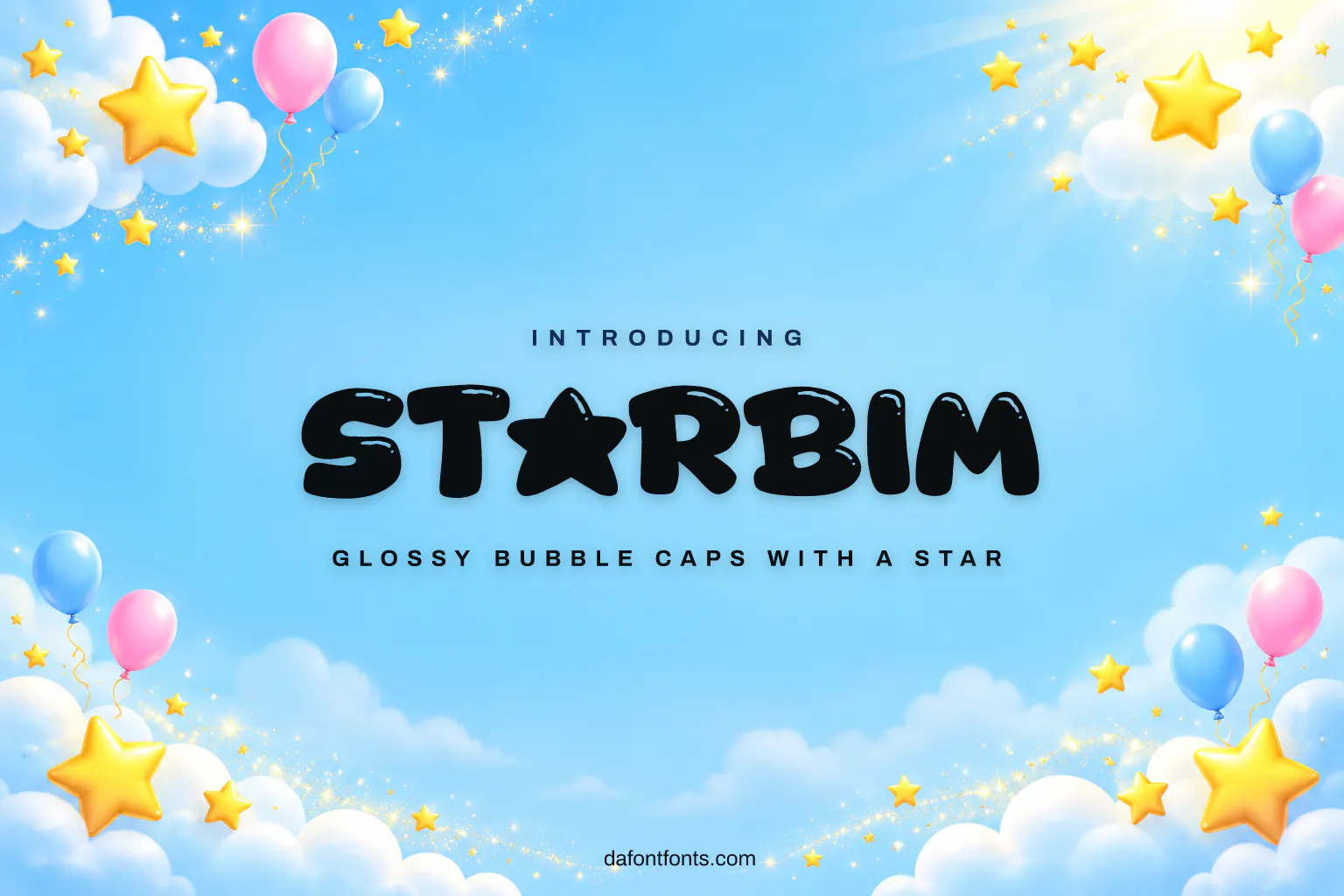 Starbim font poster: black glossy bubble caps on a bright sky-blue star background