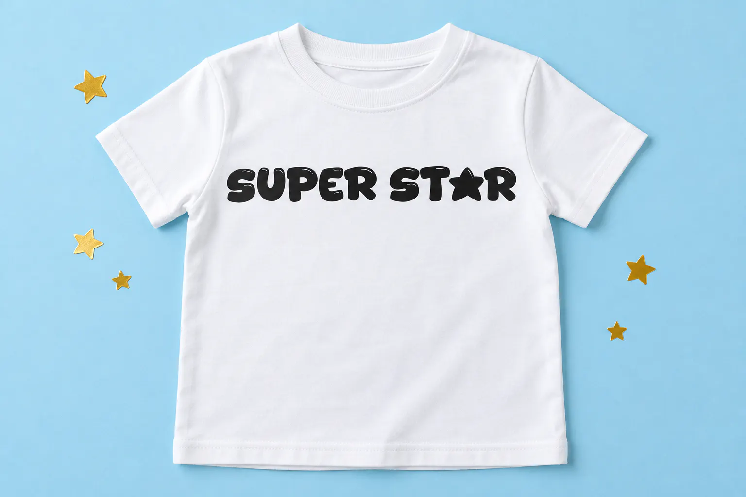 Starbim font on a kids T-shirt reading SUPER STAR