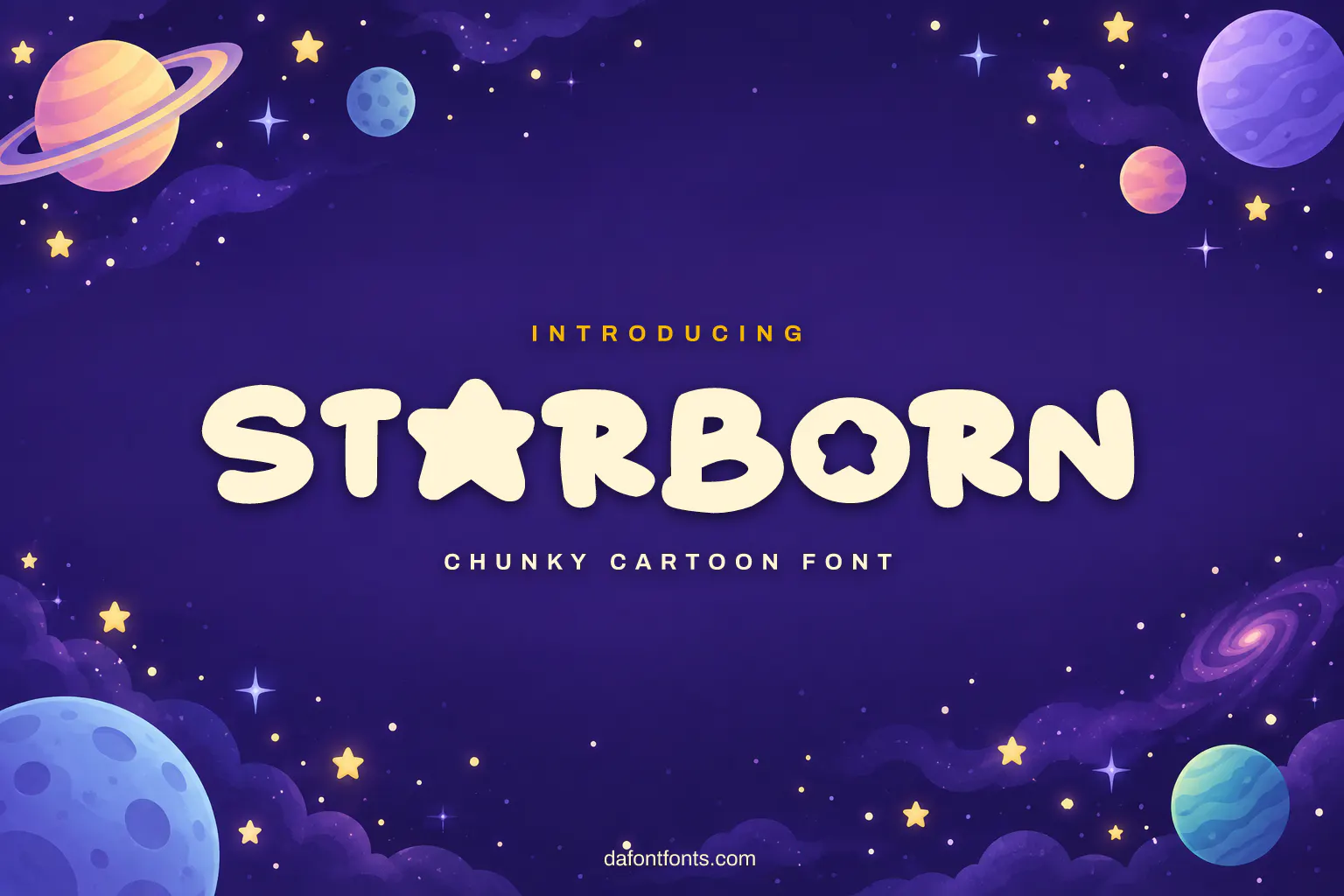 Starborn font poster: chunky navy capitals on a starry purple background