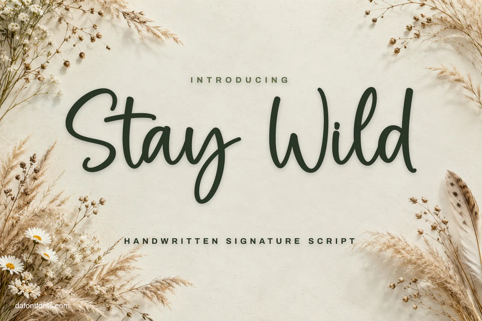 Stay Wild font poster: dark green script on sage paper with dried grasses
