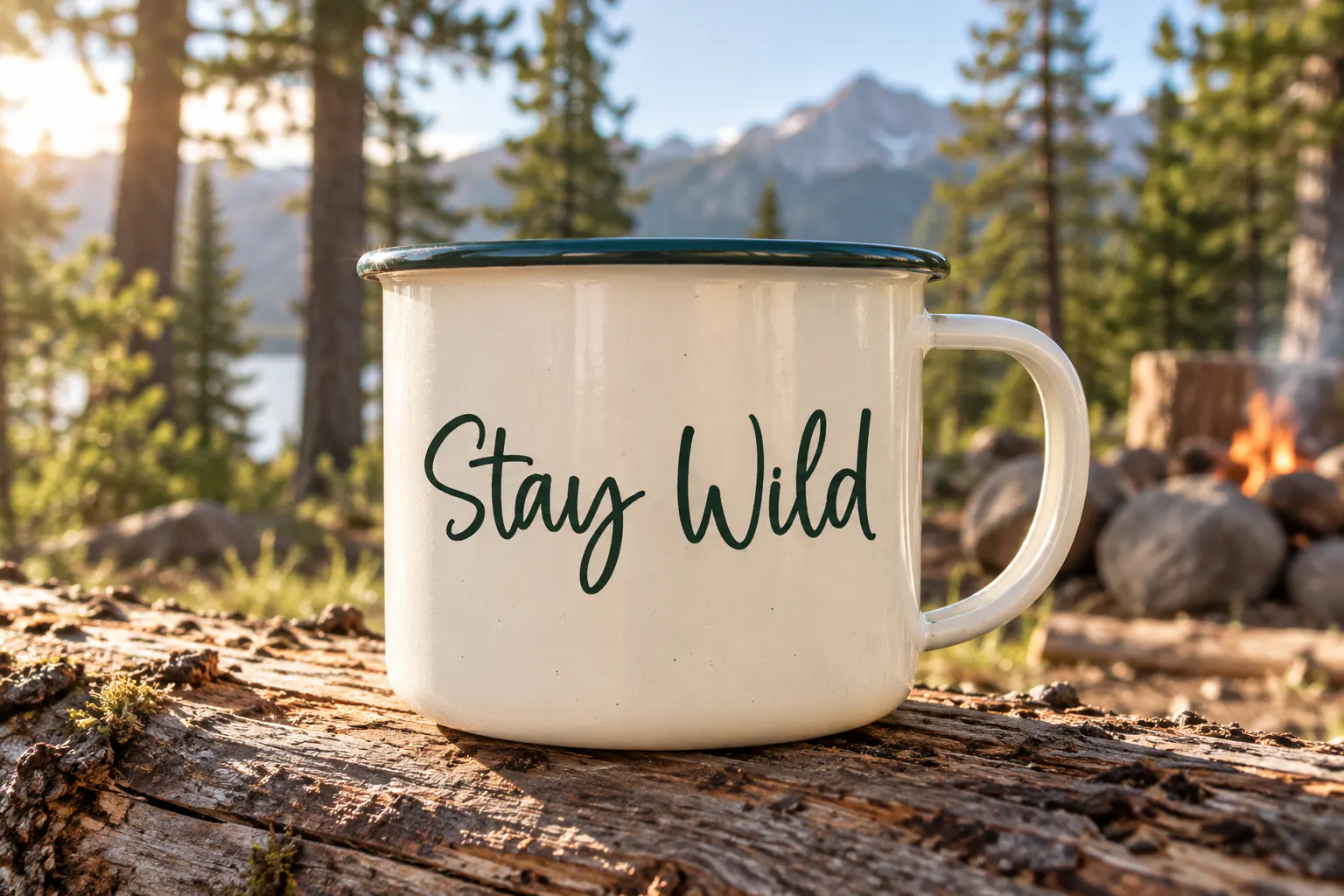 Stay Wild font on a camping mug reading Stay Wild