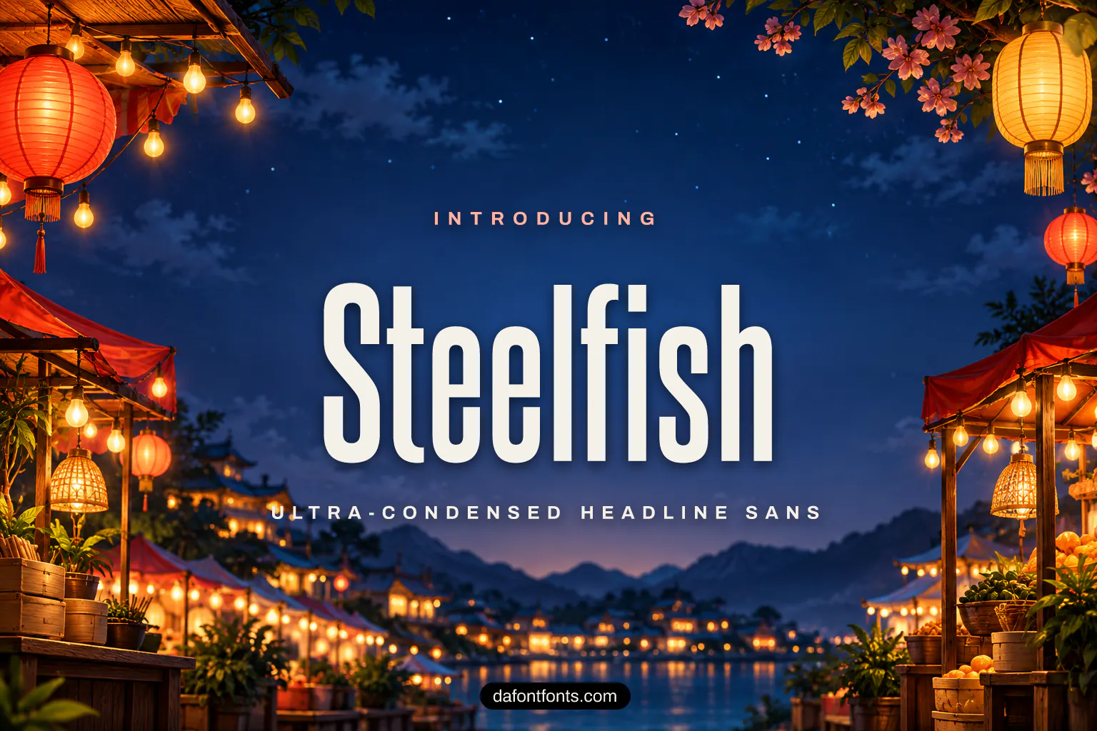 Steelfish font poster: black condensed letters on a night street market background