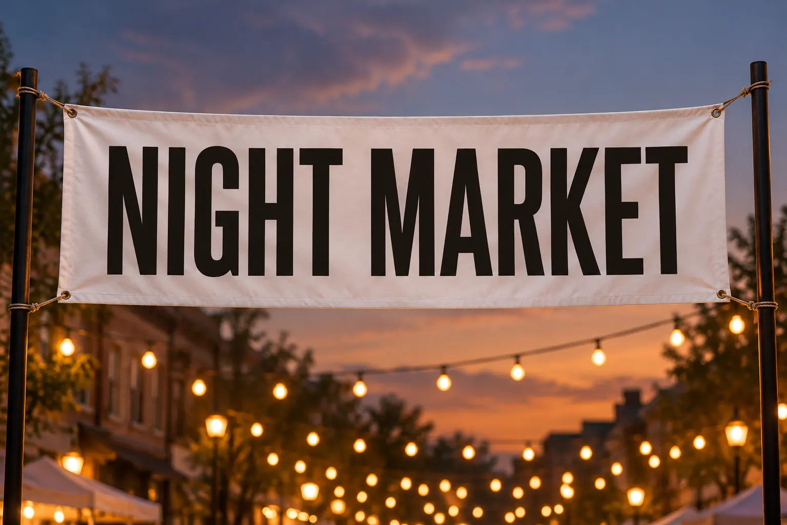 Steelfish font on a street banner reading NIGHT MARKET