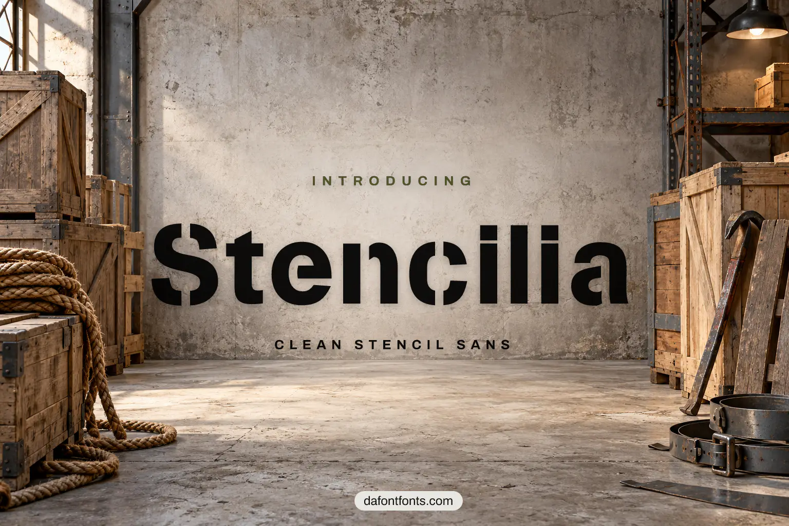 Stencilia font poster: stencil letters with wooden crates, rope and metal straps