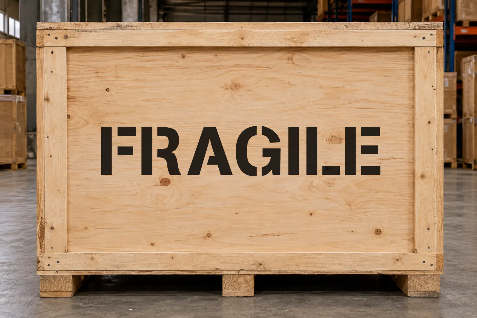 Stencilia font on a shipping crate reading FRAGILE