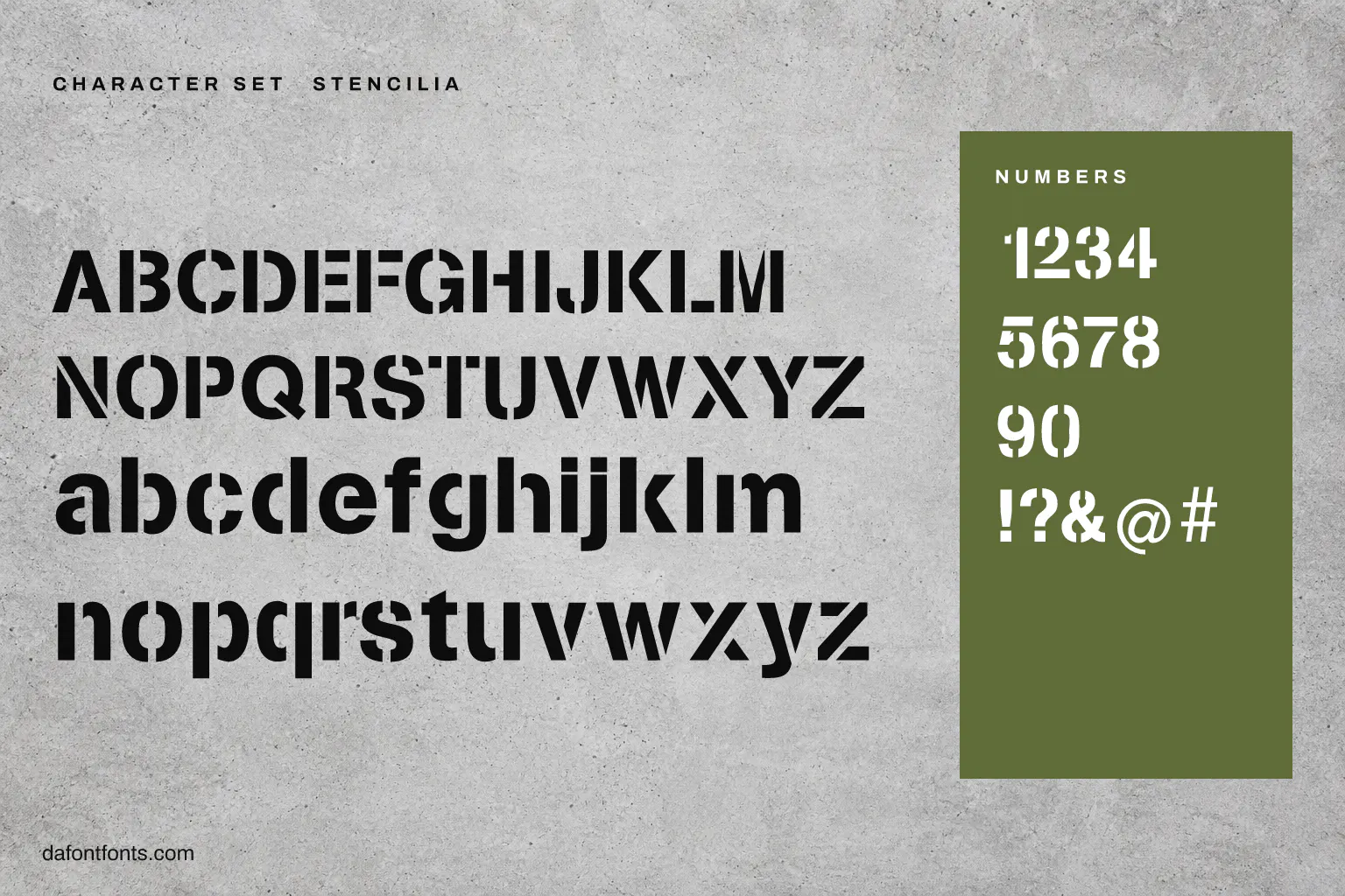 Stencilia character set: alphabet, numbers and symbols
