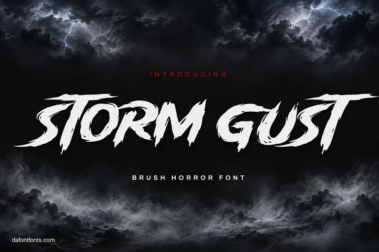 Storm Gust font poster: pale brush caps on black with storm clouds and lightning