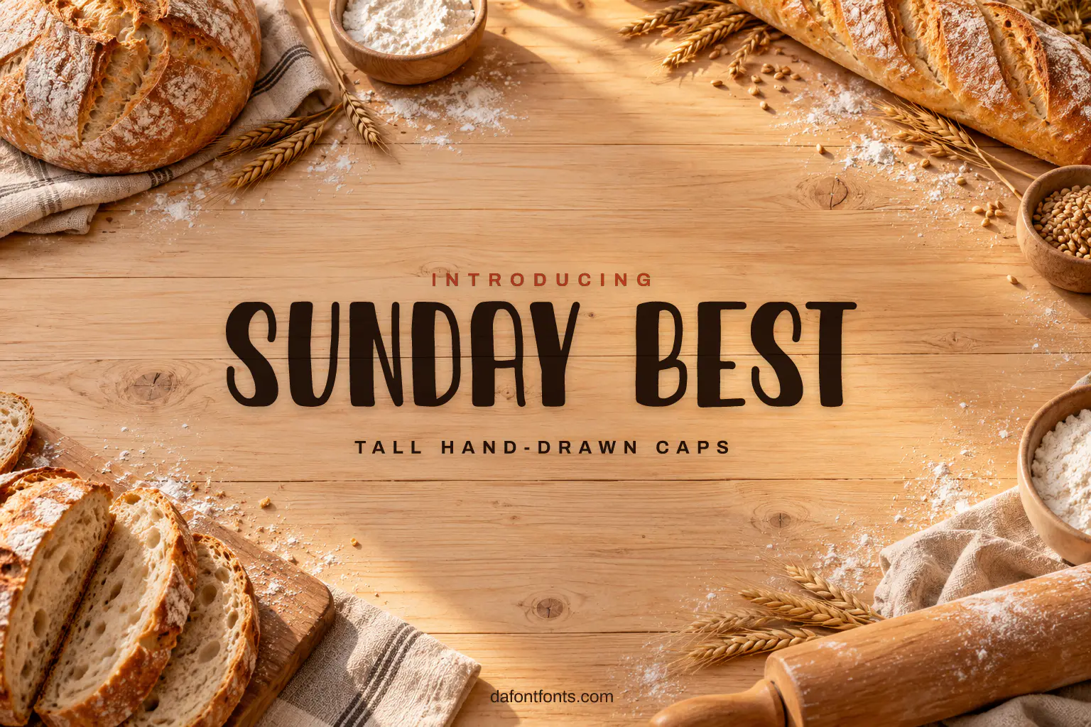 Sunday Best font poster: dark brown hand-drawn caps on a cozy bakery background