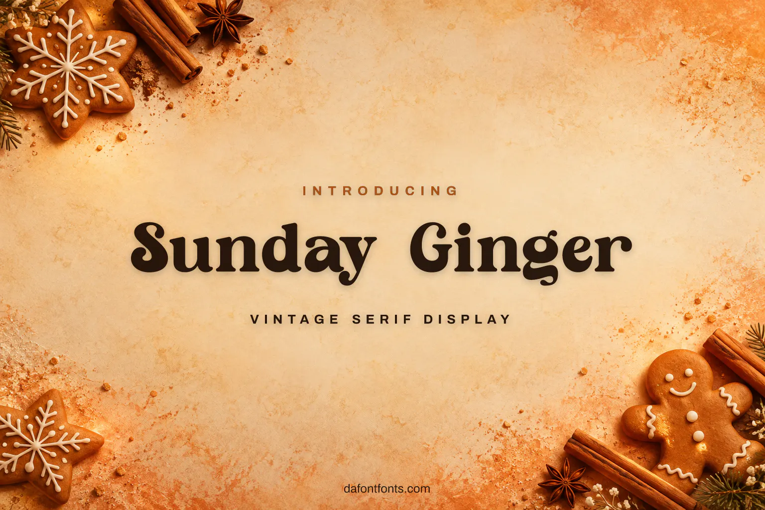 Sunday Ginger font poster: dark brown serif on a cream background with gingerbread cookies