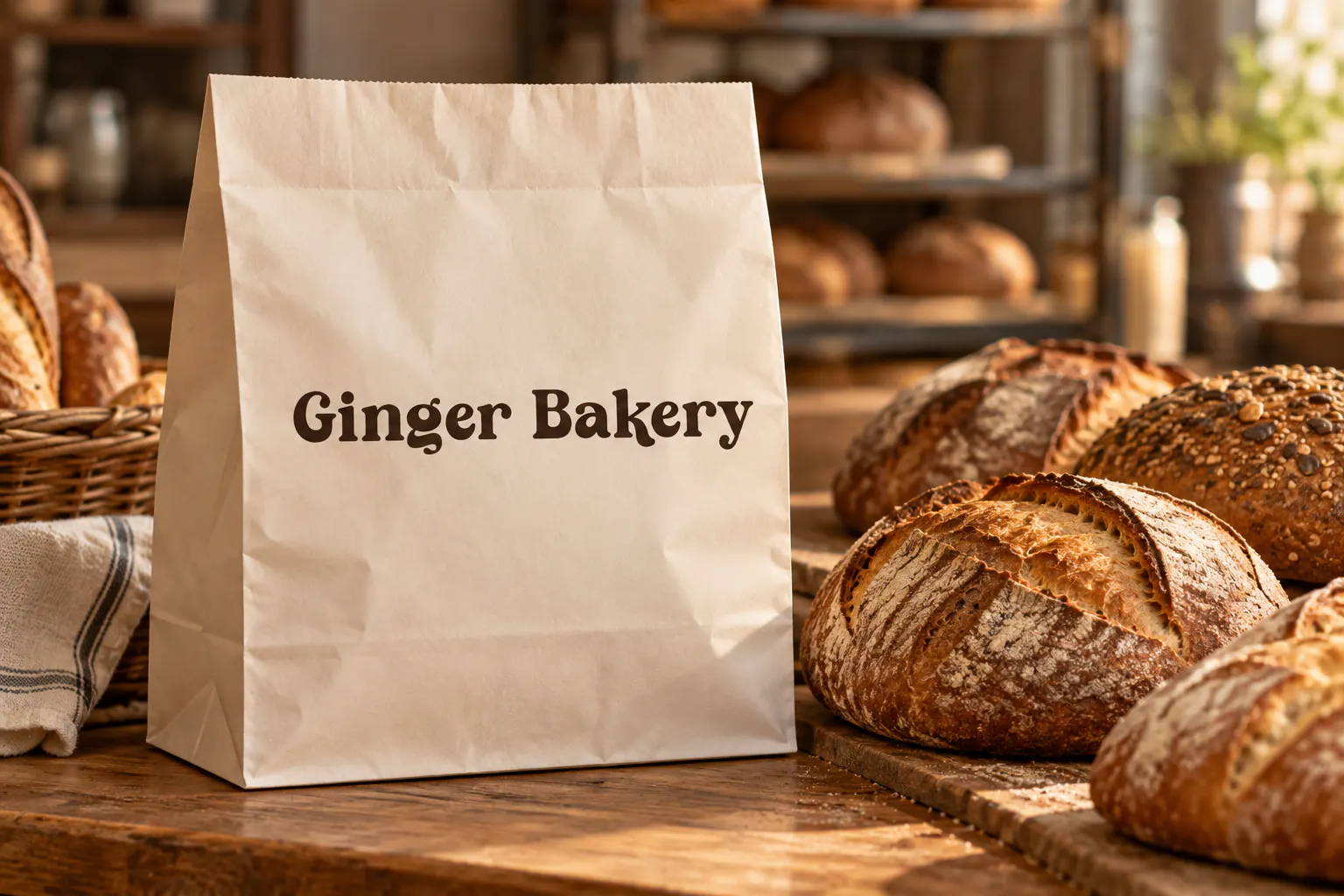 Sunday Ginger font on a bakery bag reading Ginger Bakery