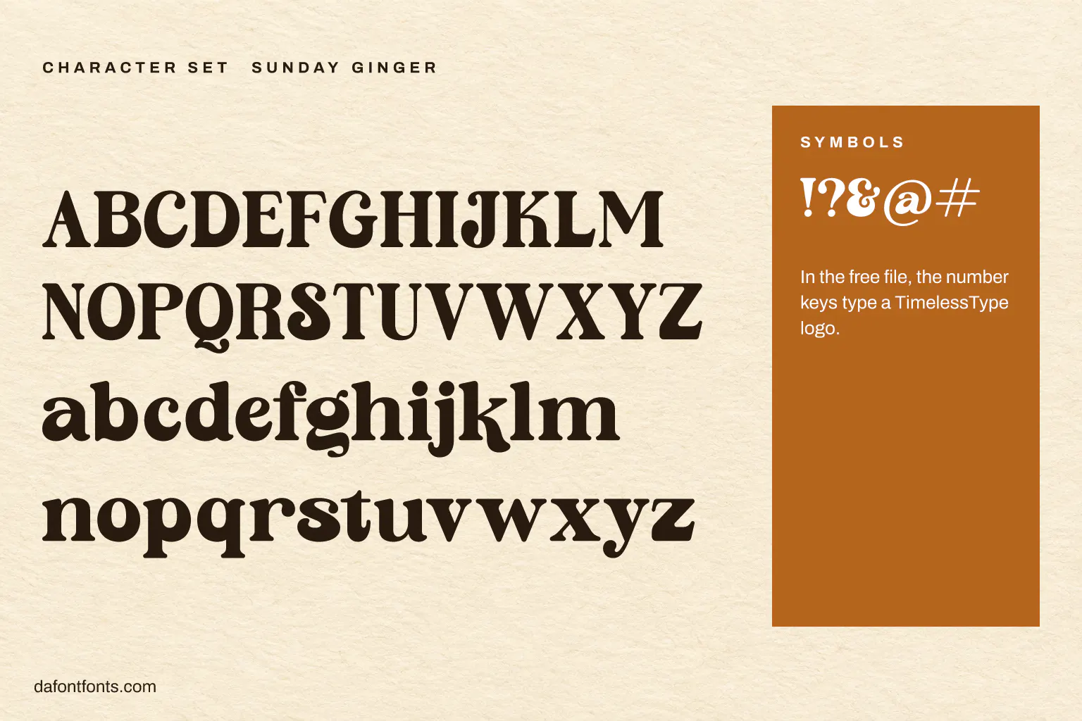 Sunday Ginger character set: capitals, lowercase and symbols (the number keys type a logo)