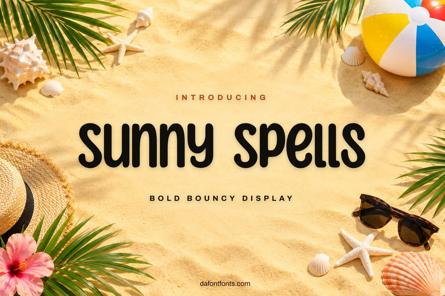 Sunny Spells font poster: bouncy letters on sand with beach balls and palm leaves