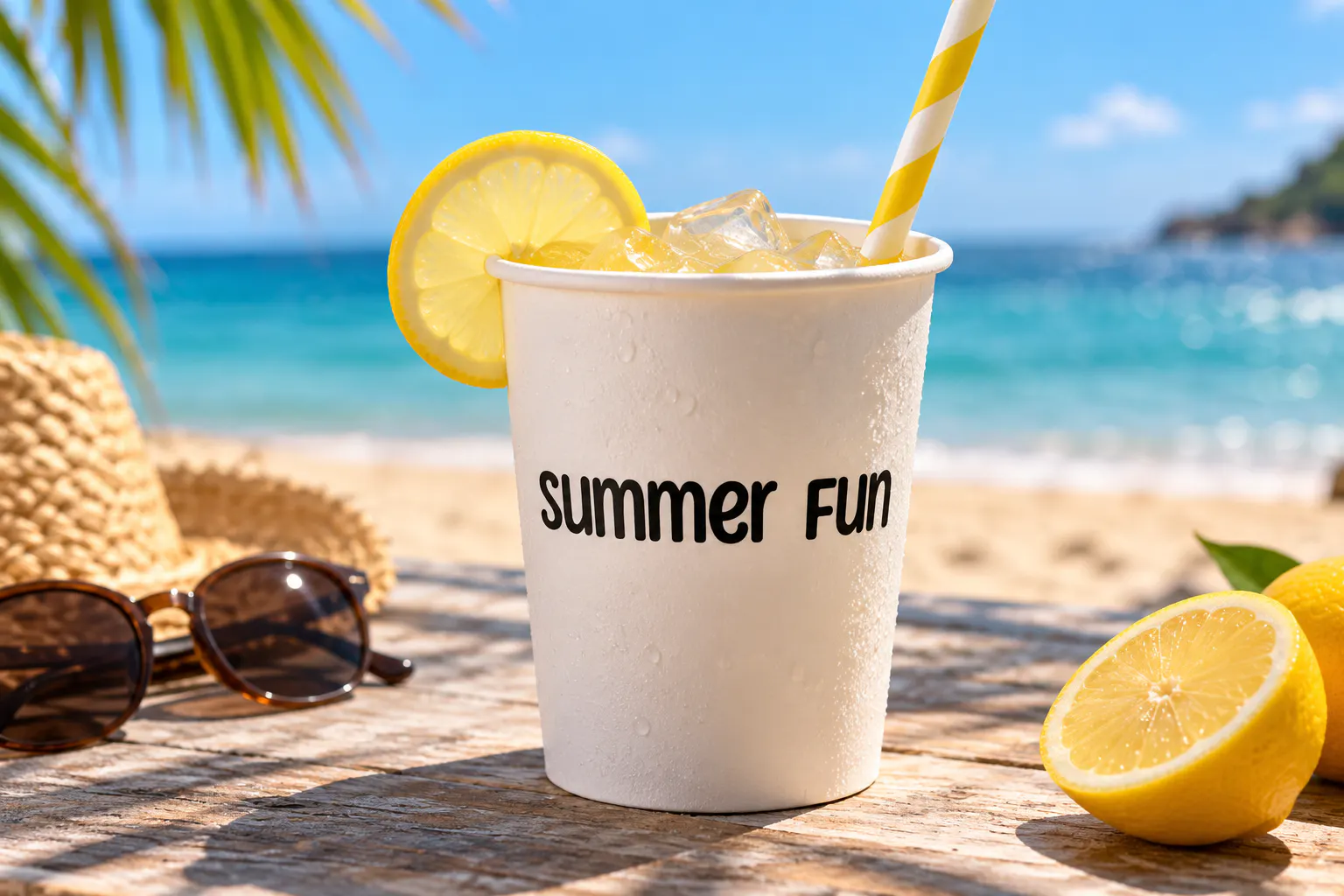 Sunny Spells font on a lemonade cup reading Summer Fun