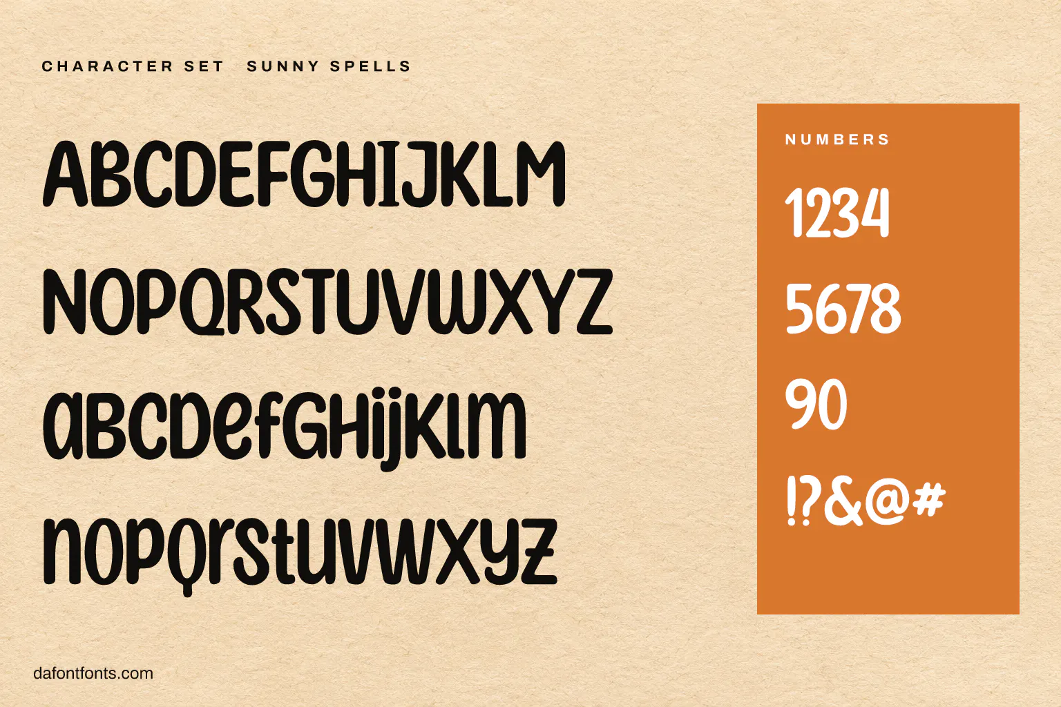 Sunny Spells character set: alphabet, numbers and symbols