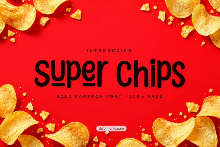 Super Chips font poster: bold black letters on a bright red background with potato chips