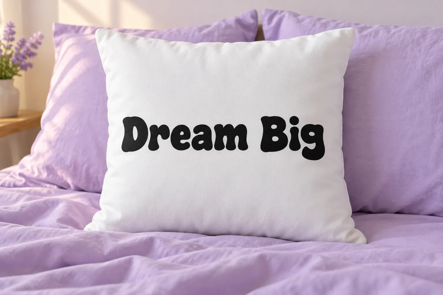 Super Dream font on a throw pillow reading Dream Big
