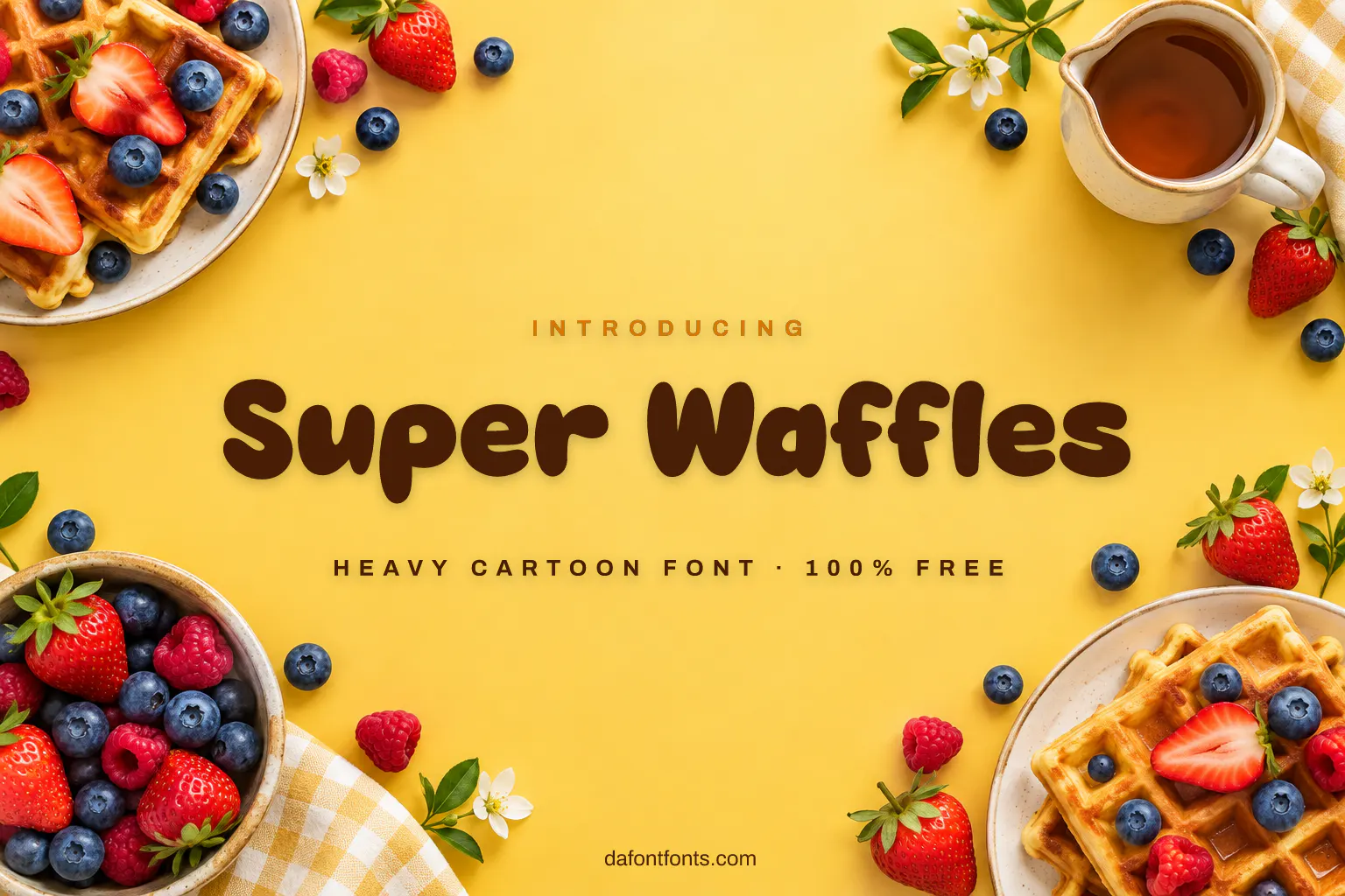 Super Waffles font poster: heavy brown letters on a warm yellow background with waffles and syrup