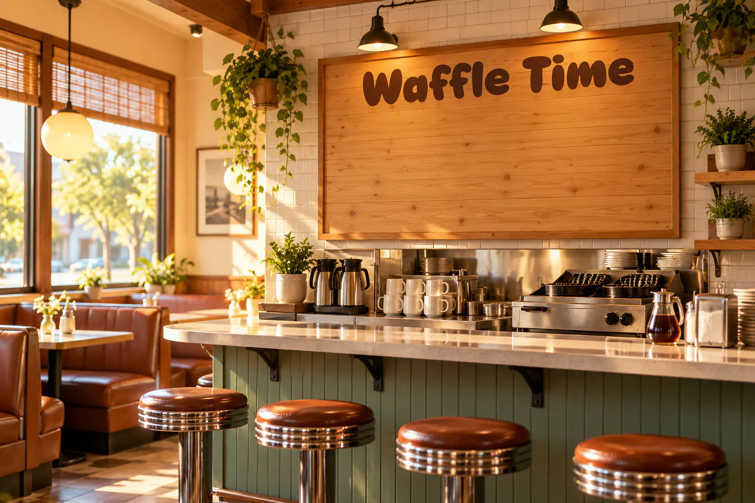 Super Waffles font on a breakfast diner menu board reading Waffle Time