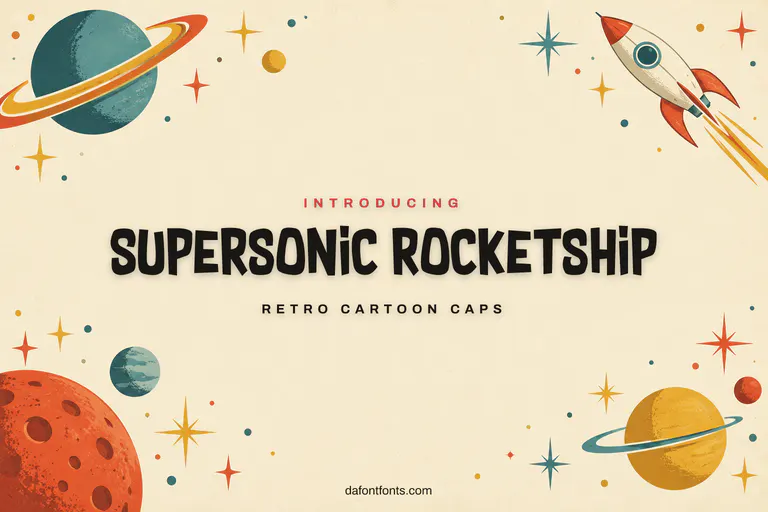 Supersonic Rocketship font poster: black retro caps on a cream space background with cartoon planets