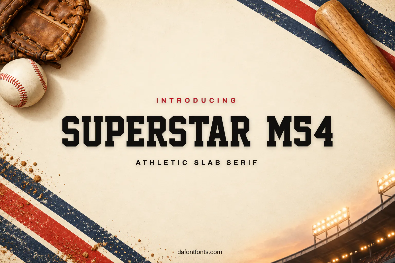 Superstar M54 font poster: athletic slab capitals with a baseball glove and bat