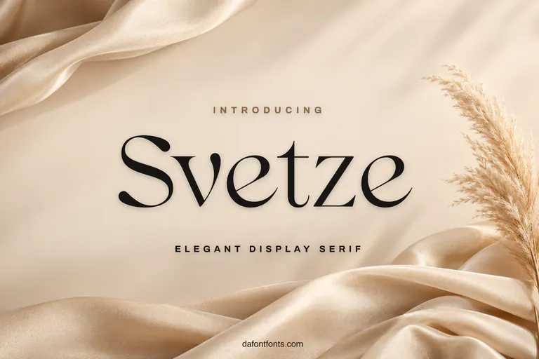 Svetze font poster: black serif on a beige silk background with dried pampas