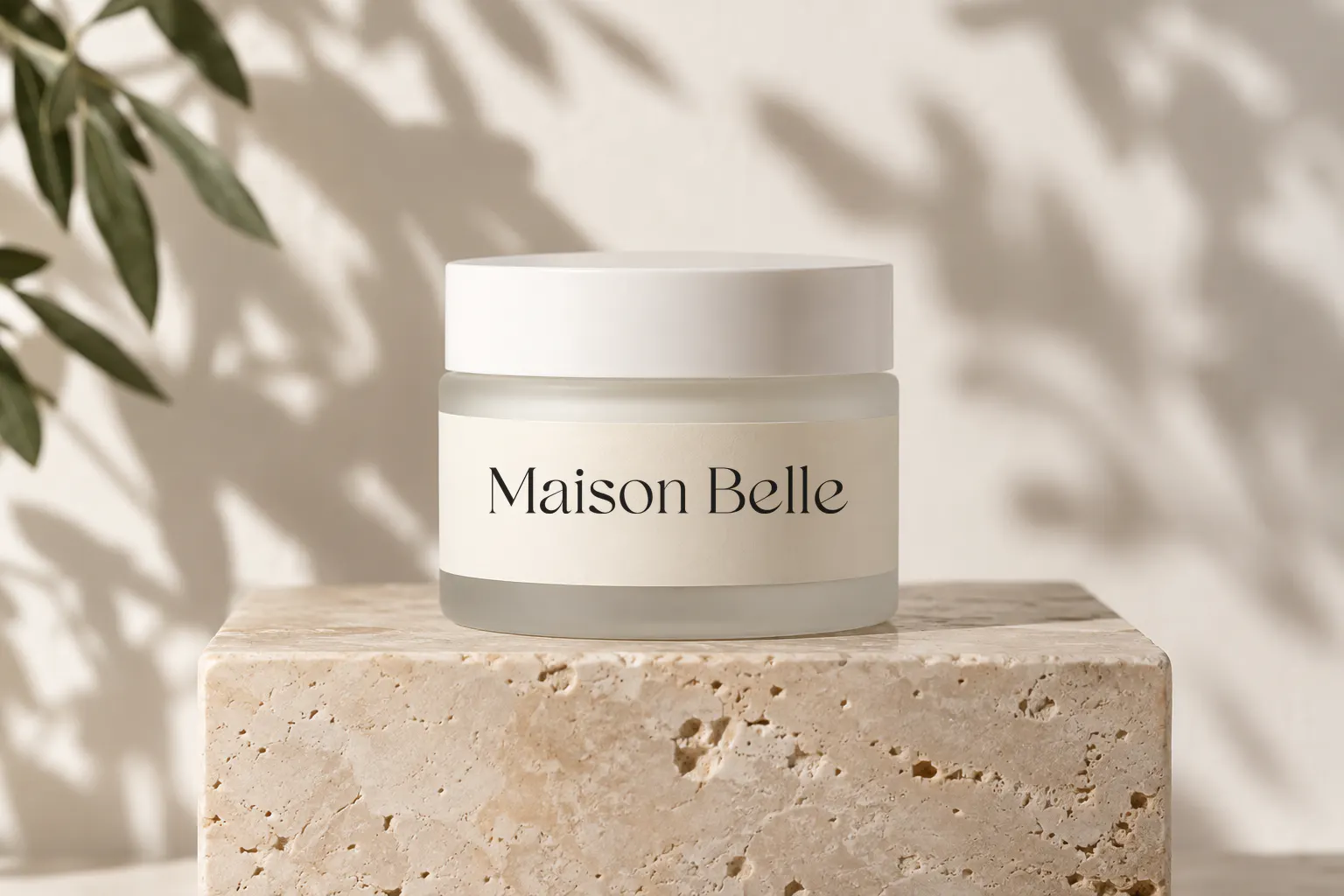 Svetze font on a cosmetic jar label reading Maison Belle