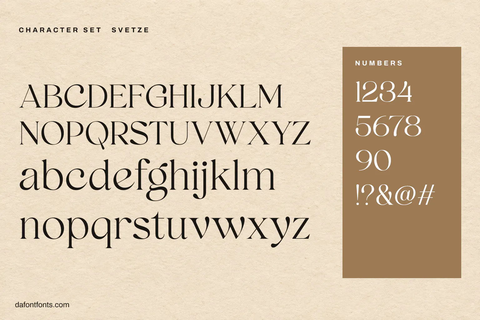 Svetze character set: alphabet, numbers and symbols