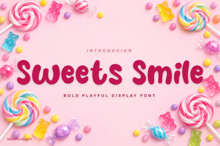 Sweets Smile font poster: pink bouncy letters on pastel pink with lollipops and candies