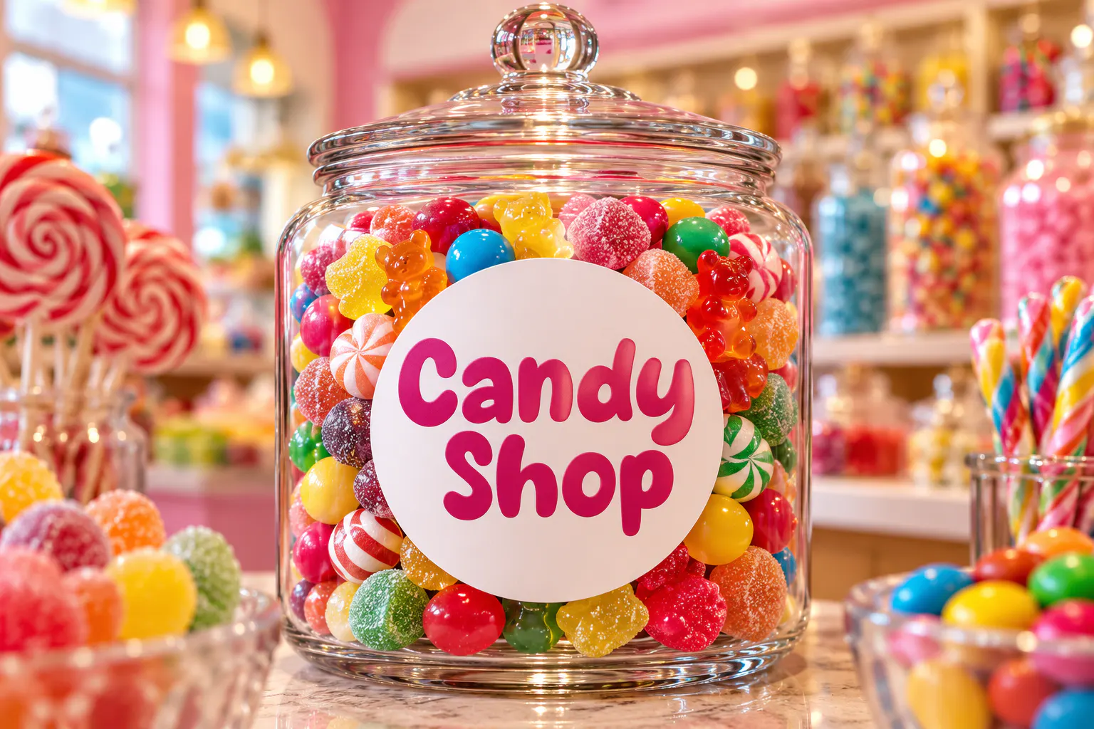 Sweets Smile font on a candy jar label reading Candy Shop