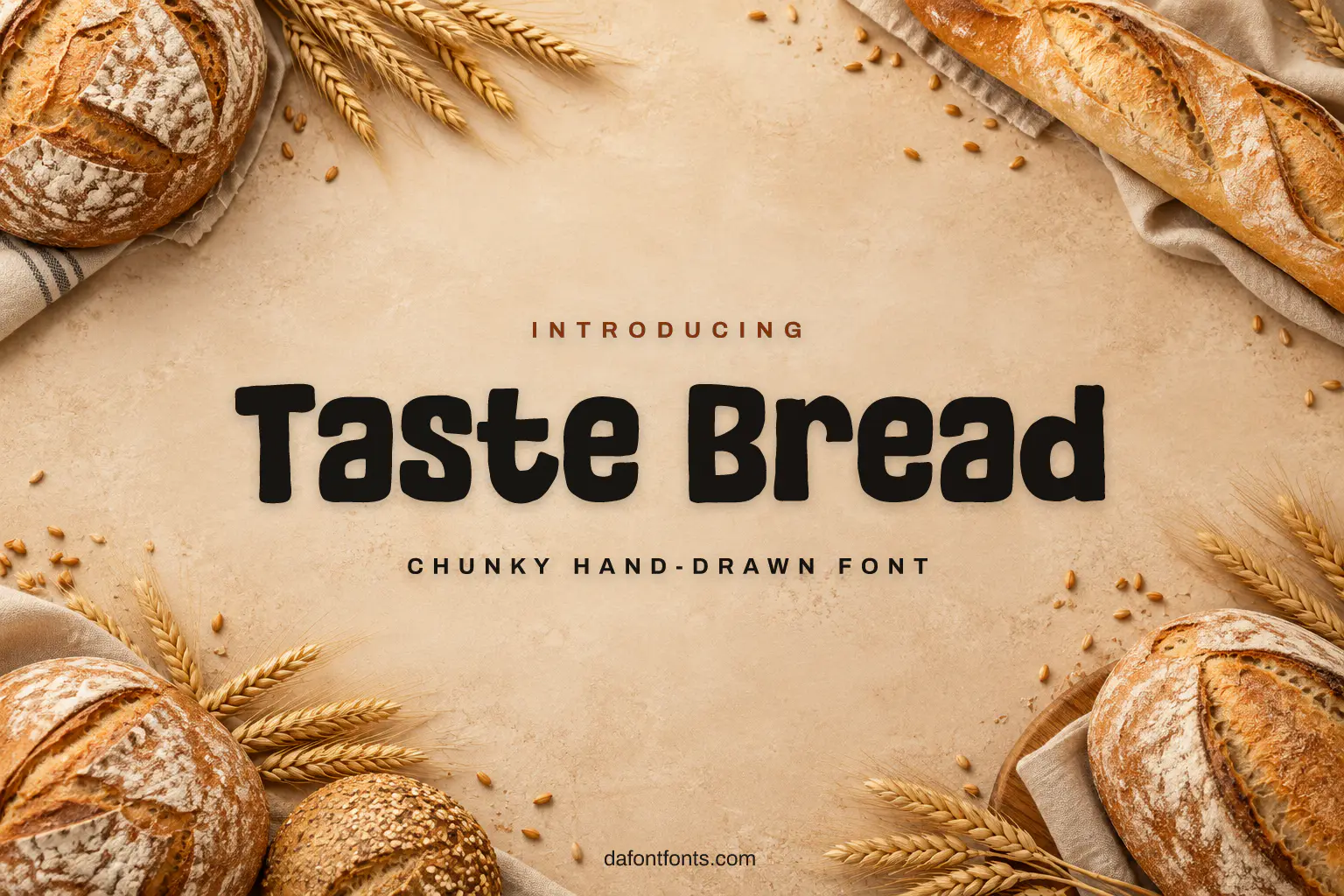 Taste Bread font poster: chunky black hand-drawn letters on a warm beige background with fresh bread