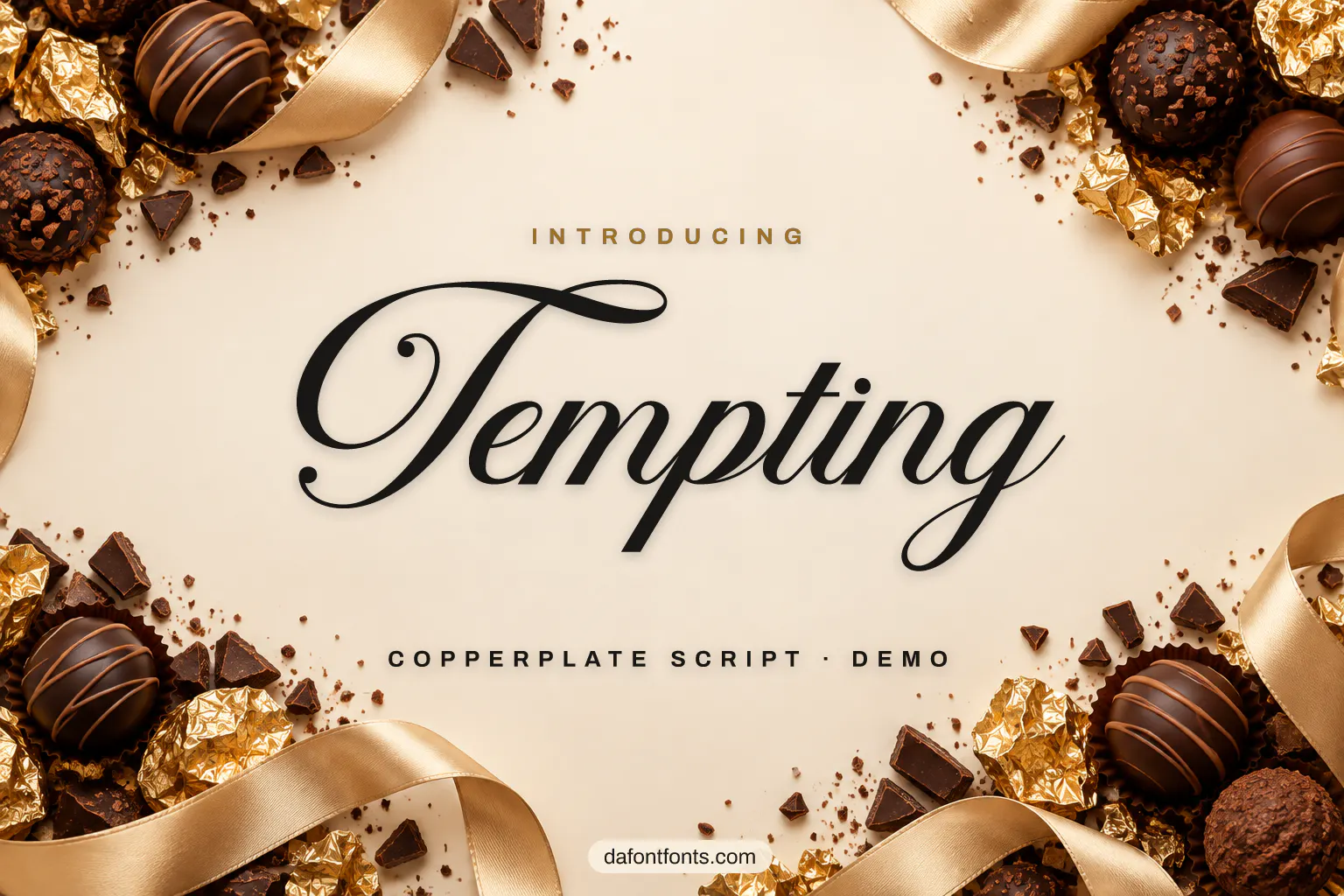 Tempting font poster: black script on a cream background with gold accents