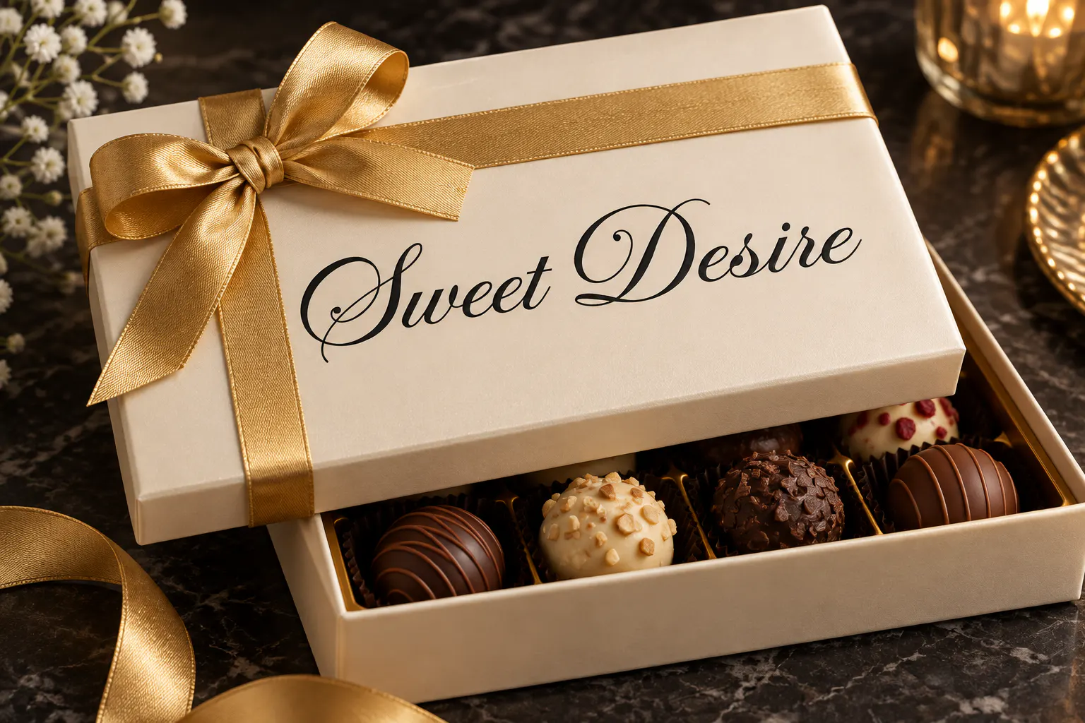 Tempting font on a chocolate box reading Sweet Desire