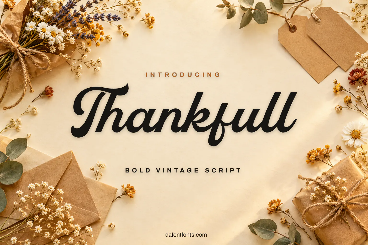 Thankfull font poster: vintage script on cream with dried flowers and kraft tags