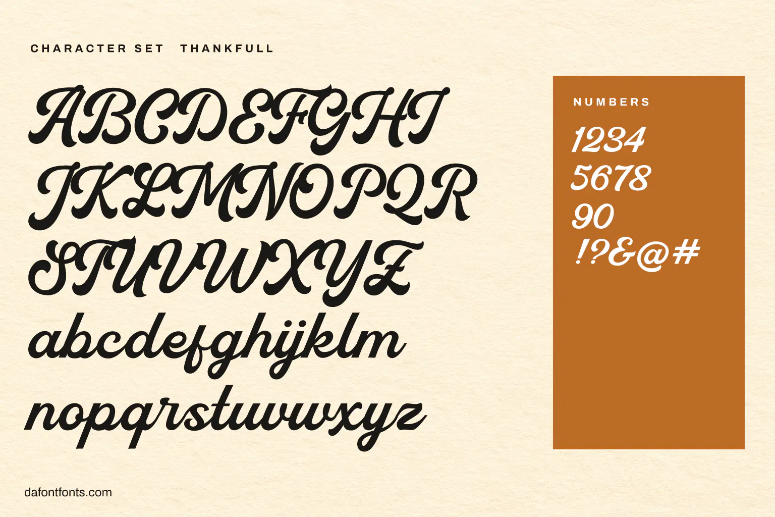 Thankfull character set: alphabet, numbers and symbols